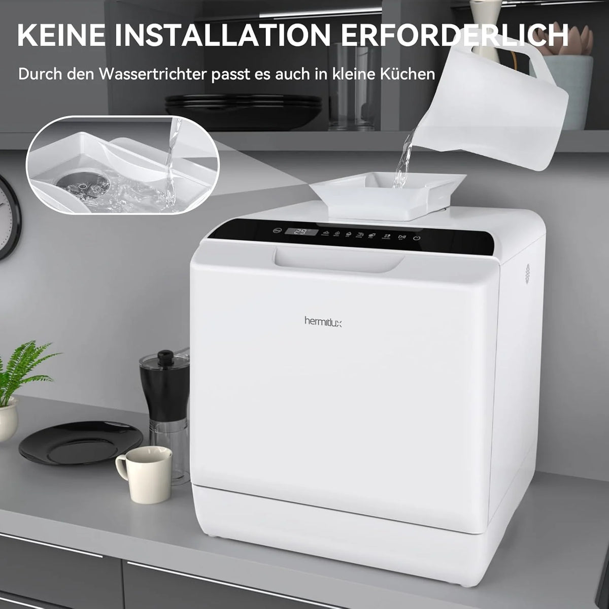 Lavavajillas mini Hermitlux 2026, lavavajillas para 4 juegos de cubiertos, depósito de agua de 5 litros, 6 programas, mini lavavajillas de sobremesa, perfecto para apartamentos, residencias de estudiantes y camping, color blanco.