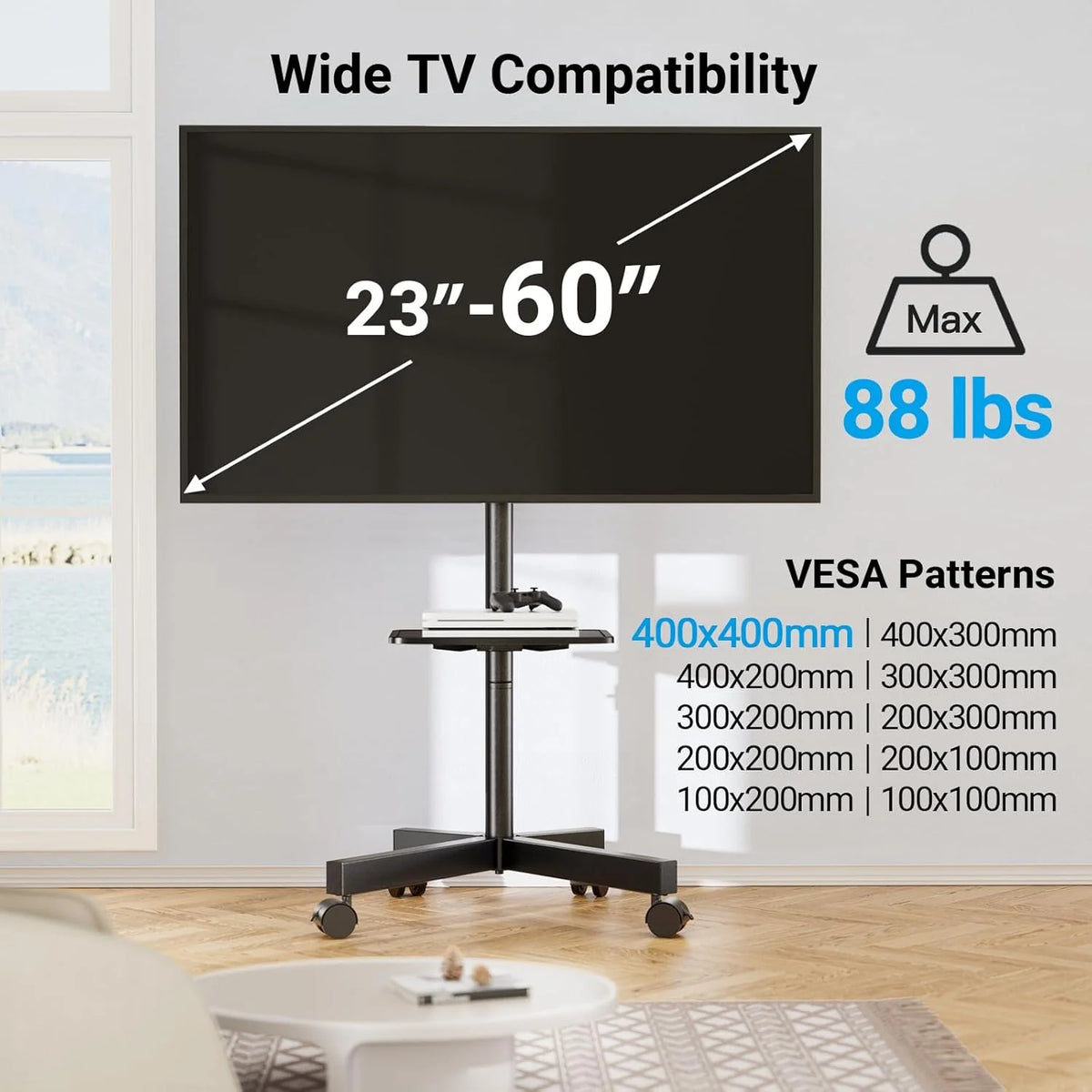 2026 Perlesmith Mobile TV Stand for 23 60 Inch Lcd LED Flat Curved Panel Screen Tvs Tilt TV Cart Holds Up to 88LBS Portable Stand with Laptop She