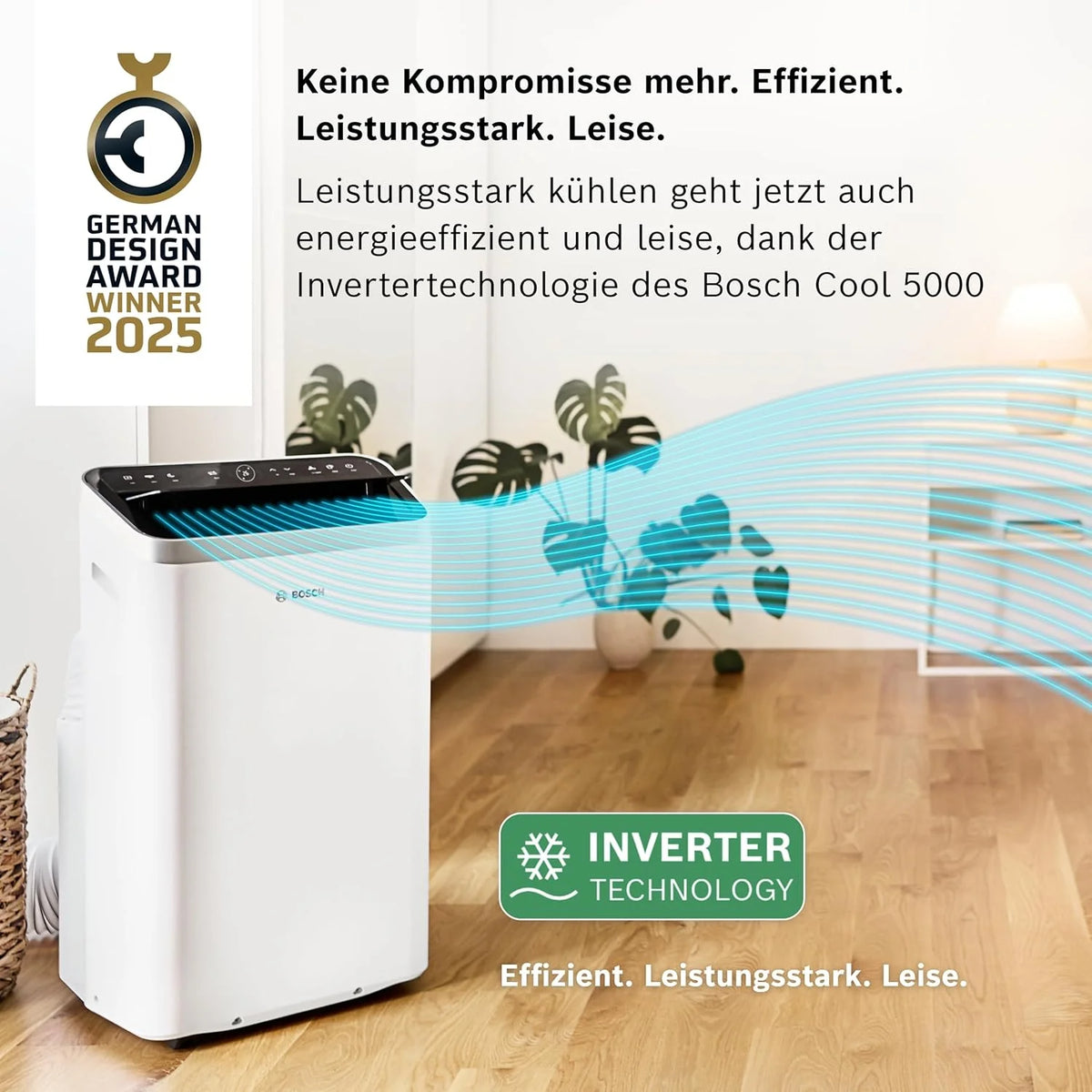 Aire acondicionado portátil Bosch Cool 4000 (modelo 2026) – 3 en 1: Aire acondicionado, deshumidificador y ventilador – 2,6 kW para habitaciones de hasta 35 m² – Con modo automático, modo silencioso y modo reposo.