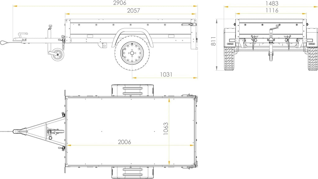 Remolque de jardín basculante 200 de 2026 con rueda de apoyo, dos paredes laterales, bastidor H – 0 y lona azul.