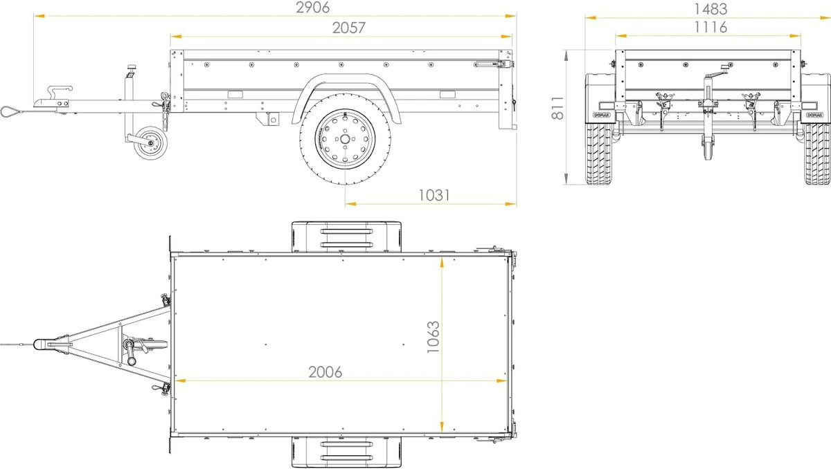 Remolque de jardín basculante 200 de 2026 con rueda de apoyo, dos paredes laterales, bastidor H – 0 y lona azul.