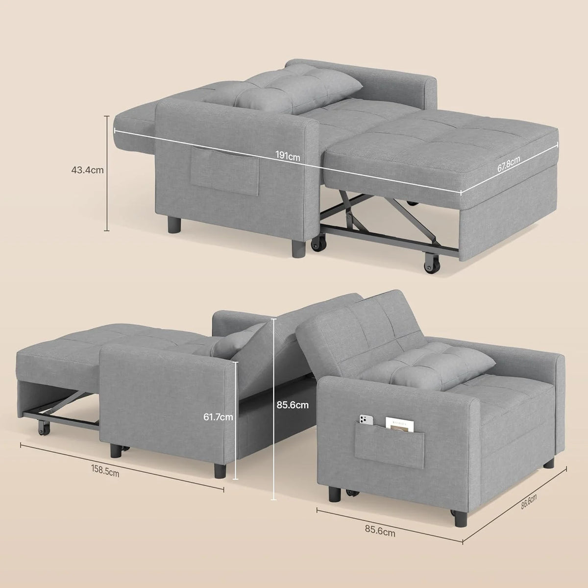 Sillón reclinable Bealife 2026, sillón cama con respaldo ajustable, sillón para TV, sofá cama plegable, sillón reclinable para sala de estar y dormitorio (gris claro)
