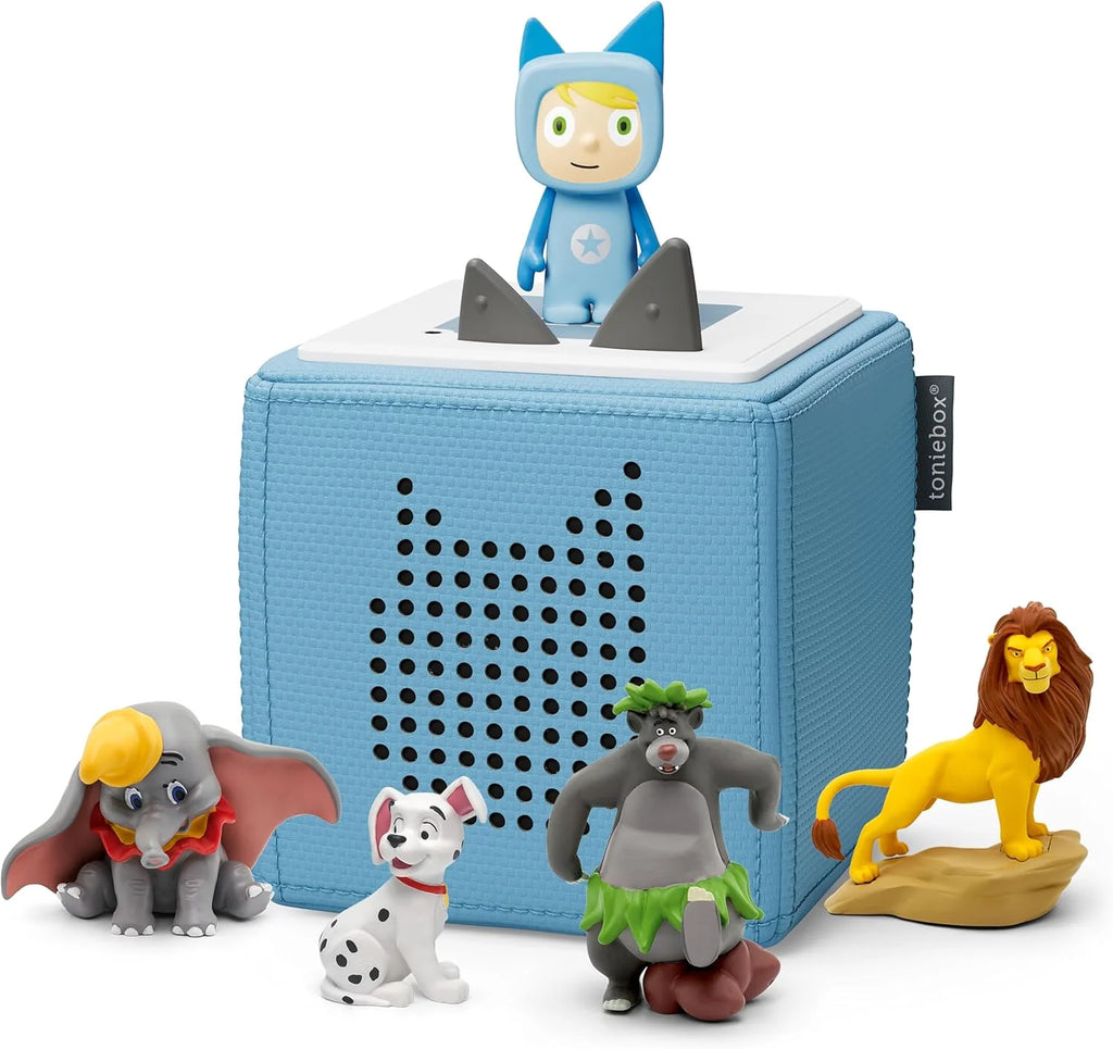 Paquete adicional Toniebox 2026: Set de inicio Toniebox azul con Creative – Tonie + 4 figuras de audio de Disney Animal Heroes, reproductor de audio para audiolibros y canciones, caja de música inalámbrica con reproducción de audio Disney.
