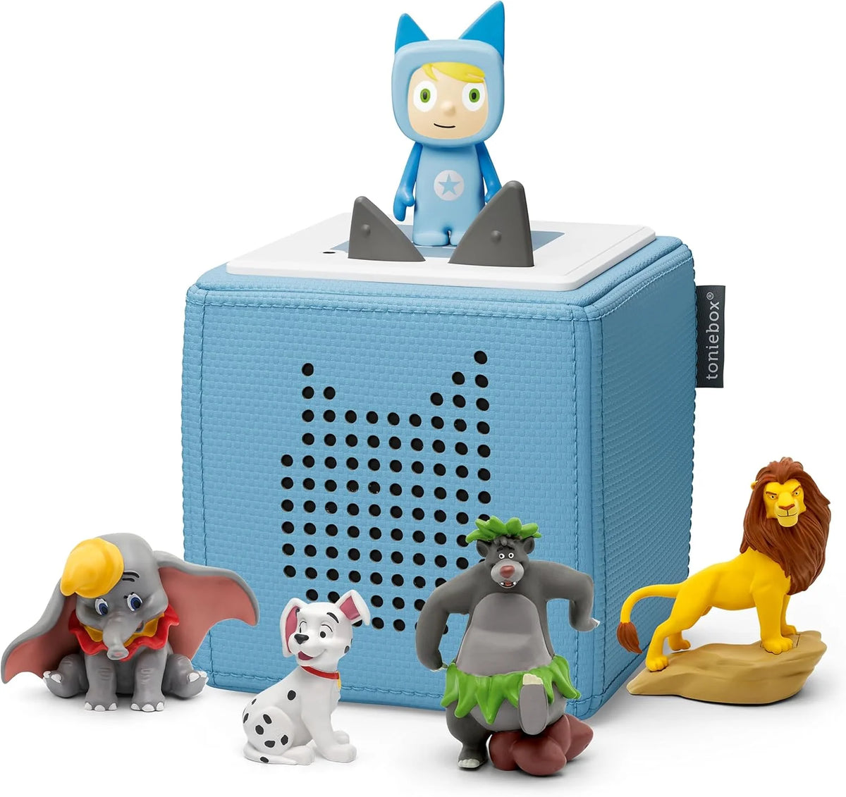 Paquete adicional Toniebox 2026: Set de inicio Toniebox azul con Creative – Tonie + 4 figuras de audio de Disney Animal Heroes, reproductor de audio para audiolibros y canciones, caja de música inalámbrica con reproducción de audio Disney.
