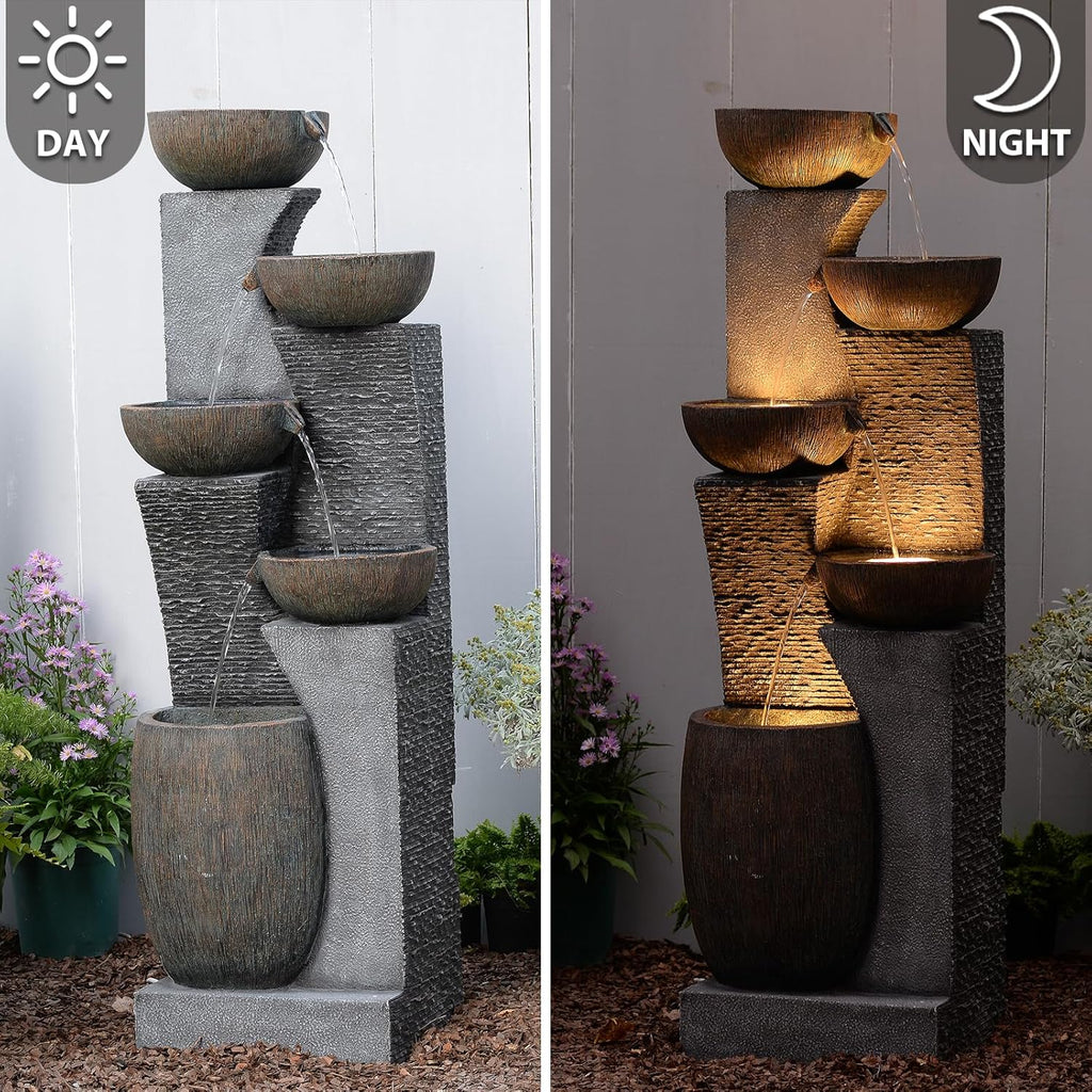 Fuente de jardín grande Bumilgar 2026, fuente exterior con iluminación LED, cascada de 5 niveles, ideal para jardín, balcón o terraza, 134 x 46 x 37 cm.