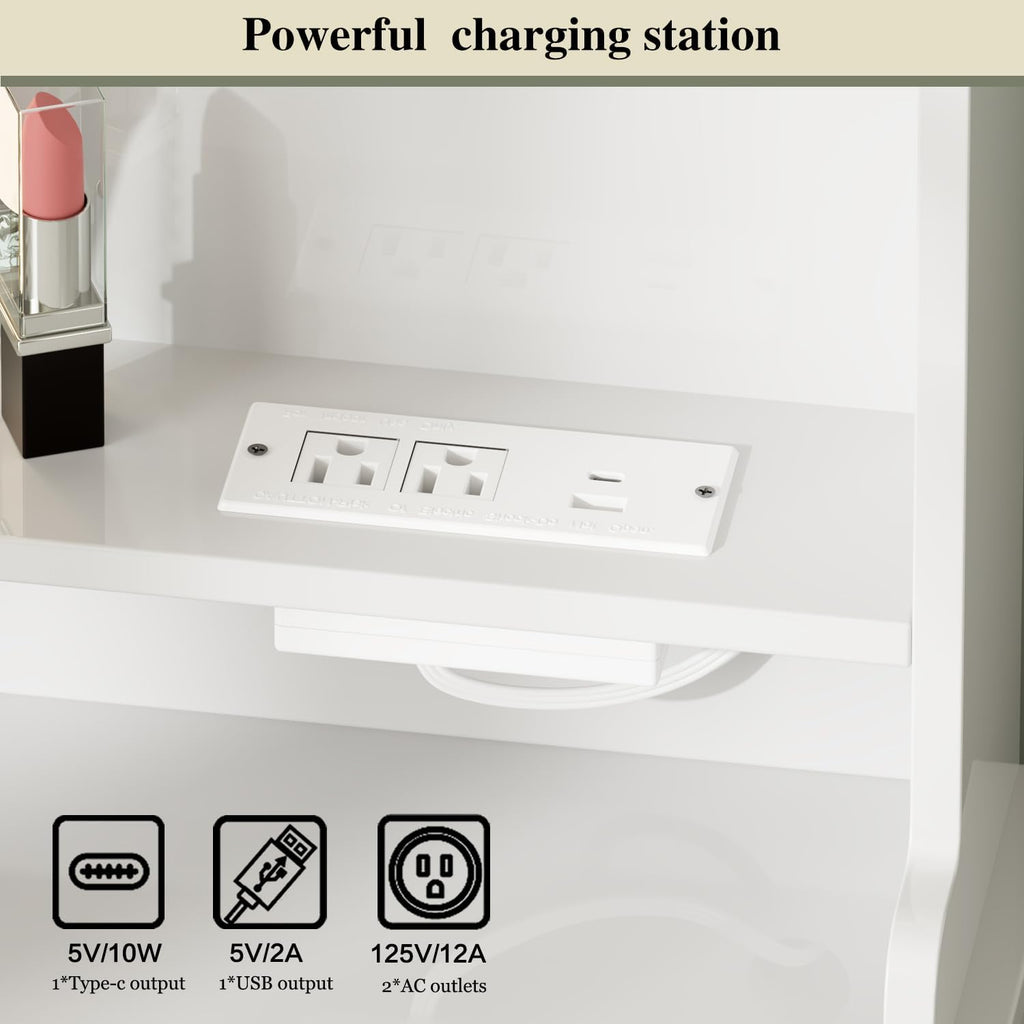 2026 Makeup Vanity Desk with Mirror and Lights, Vanity Desk with 8 Drawers & Storage Shelves, Vanity Table with Power Outlet, 3 Color Modes & Adjustable Brightness Dressing Table, Bedroom, White