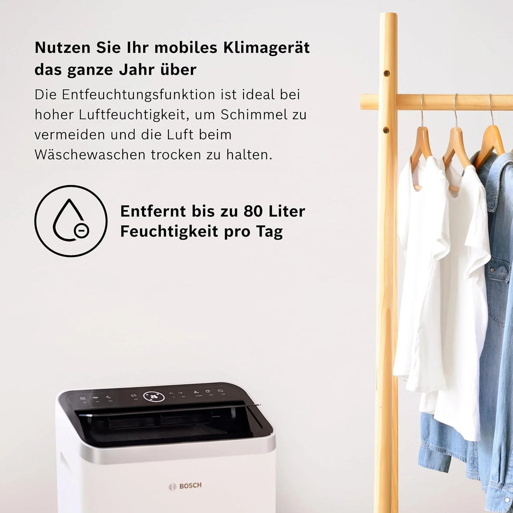 Aire acondicionado portátil Bosch Cool 4000 (modelo 2026) – 3 en 1: Aire acondicionado, deshumidificador y ventilador – 2,6 kW para habitaciones de hasta 35 m² – Con modo automático, modo silencioso y modo reposo.
