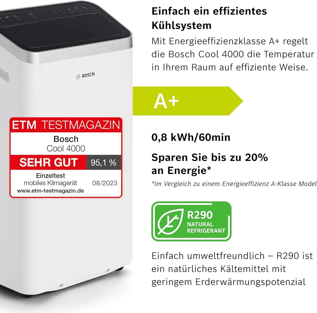Aire acondicionado portátil Bosch Cool 4000 (modelo 2026) – 3 en 1: Aire acondicionado, deshumidificador y ventilador – 2,6 kW para habitaciones de hasta 35 m² – Con modo automático, modo silencioso y modo reposo.
