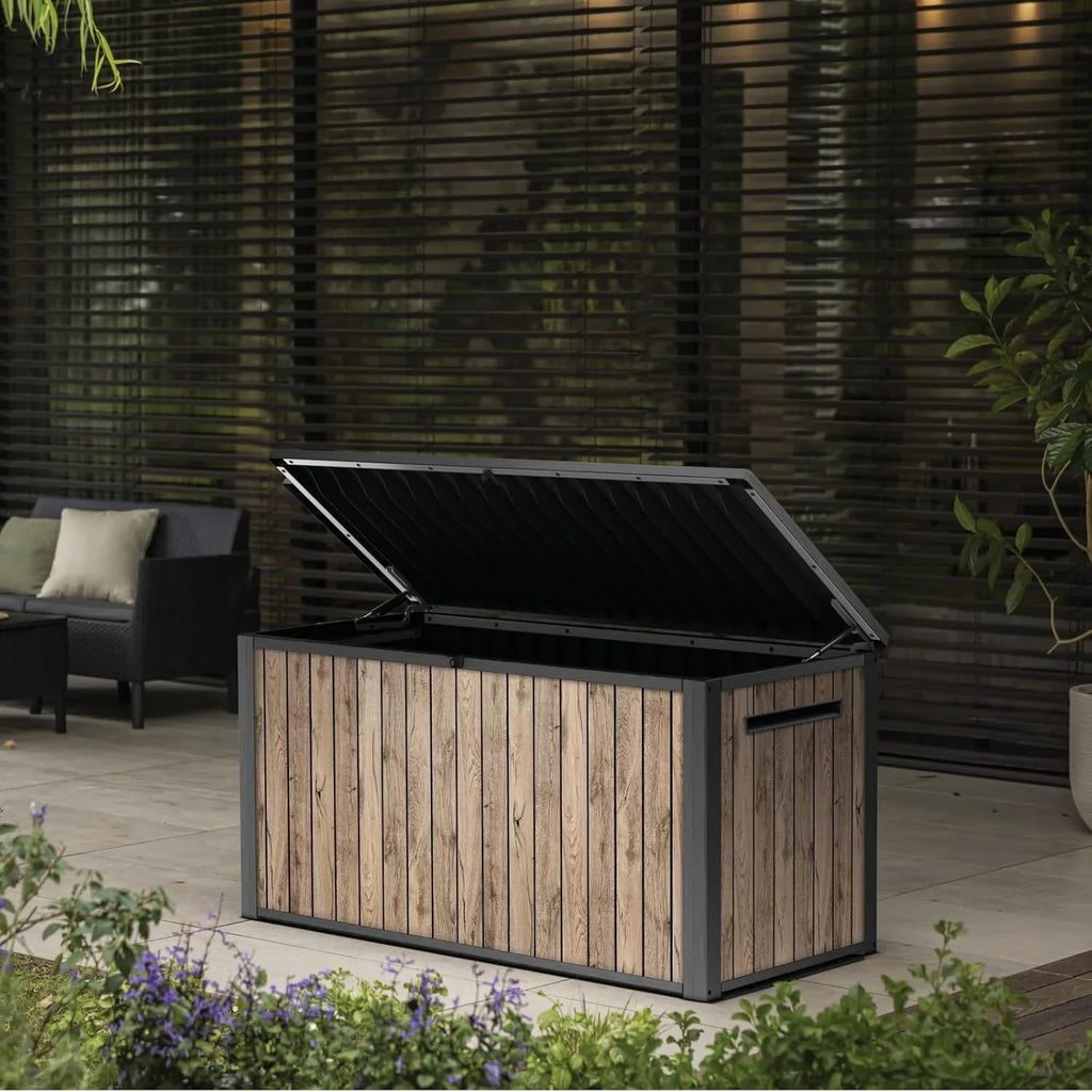 2026 Keter Caja de jardín Sierra 643L, 144 x 67 x 73 cm, plástico con aspecto de madera (pino), tapa con resortes de gas, se puede cerrar