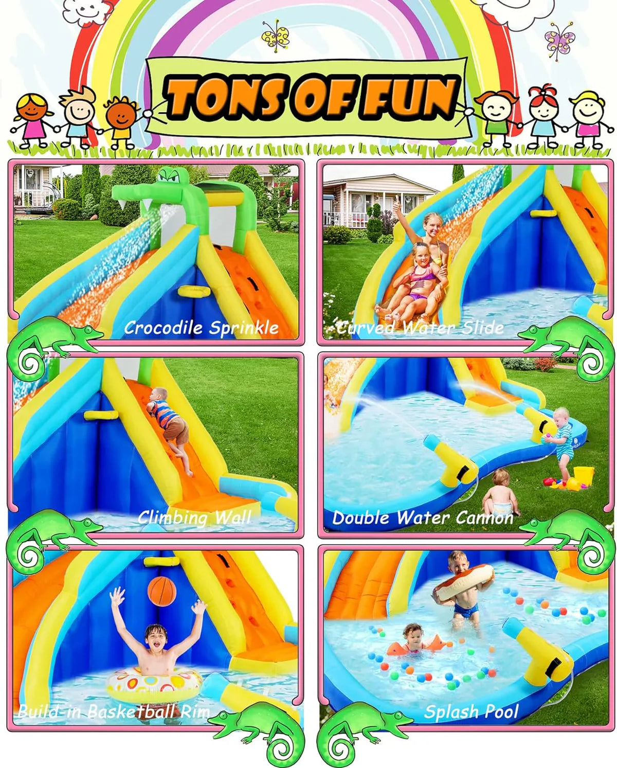 2026 Inflatable Water Slides for Kids 8-in-1 Bounce House Water Park with 450W Blower Climbing Wall, Splash Pool, 2 Water Cannons, Basketball Hoop, Water Slide, Crocodile Sprinkler for Gift Backyard Party