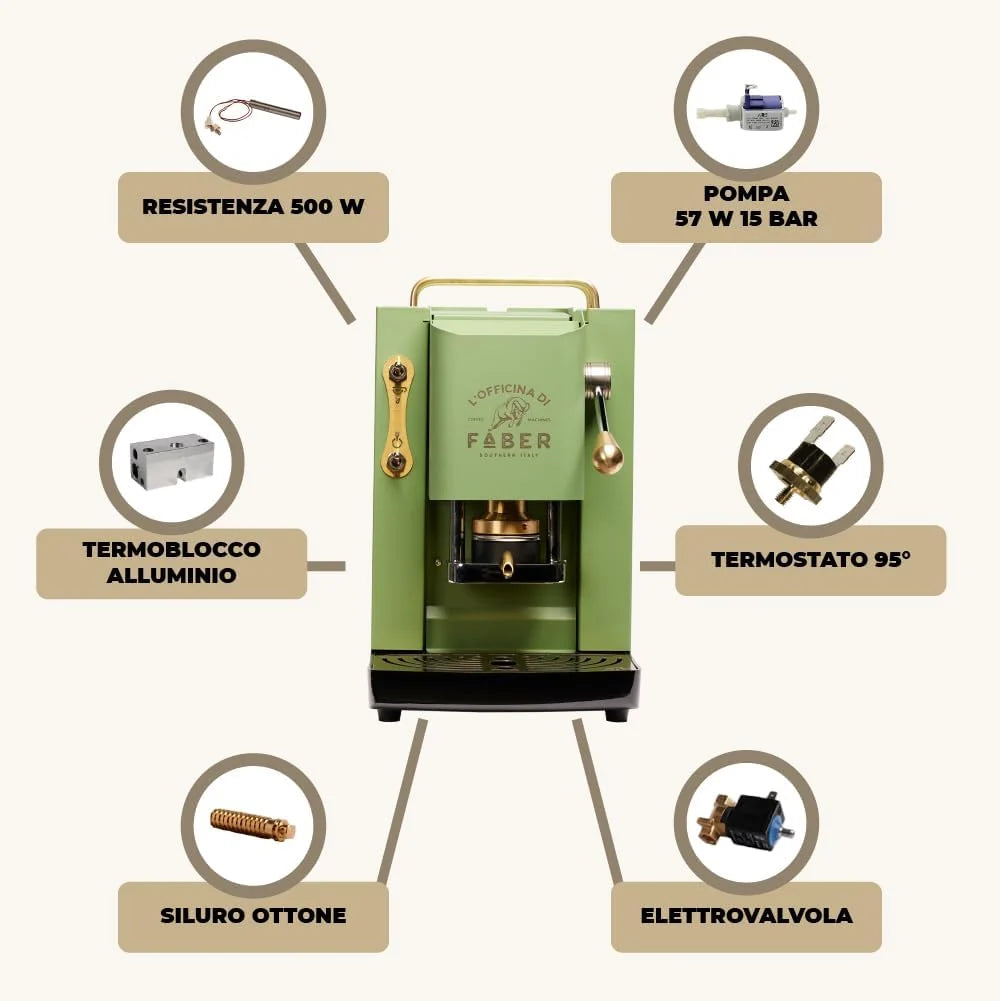 Cafetera Faber PRO Total Deluxe 2026, fabricada en latón, con papel ESE de 44 mm y capacidad de 1,3 litros (blanca).