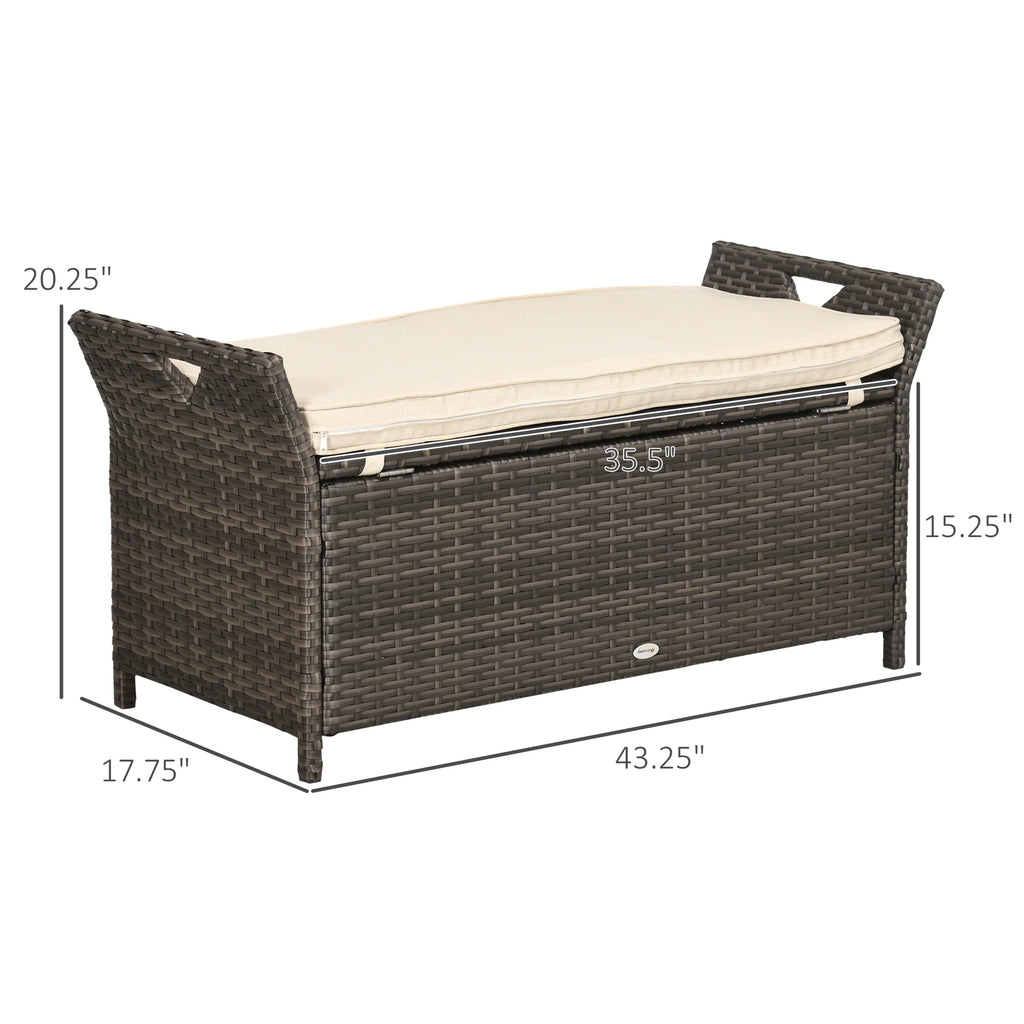 2026 DUOSONG Outsunny 27 Gallon Patio Wicker Storage Bench, Outdoor Pe Rattan Patio Furniture, 2-In-1 Large Capacity Rectangle Garden Storage Box With Handles And Cushion, Cream White Brown+White Steel