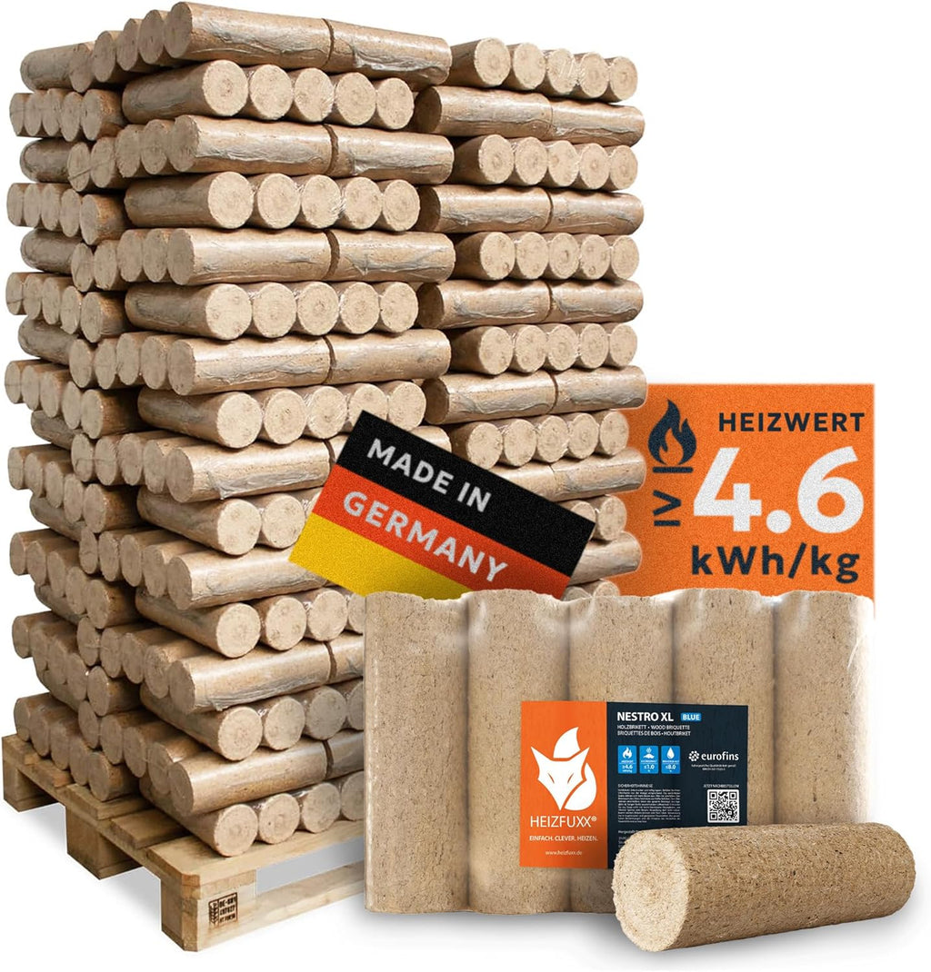 Briquetas de madera Nestro XL Blue 2026 – Palé de briquetas de madera blanda de 960 kg (96x10 kg) – Briquetas premium para chimeneas, calderas y estufas – Alto poder calorífico, bajo contenido de cenizas y máximo rendimiento energético