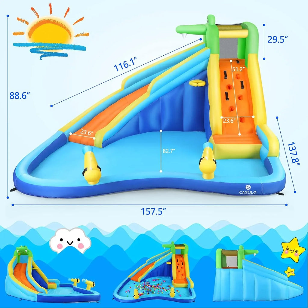 2026 Inflatable Water Slides for Kids 8-in-1 Bounce House Water Park with 450W Blower Climbing Wall, Splash Pool, 2 Water Cannons, Basketball Hoop, Water Slide, Crocodile Sprinkler for Gift Backyard Party