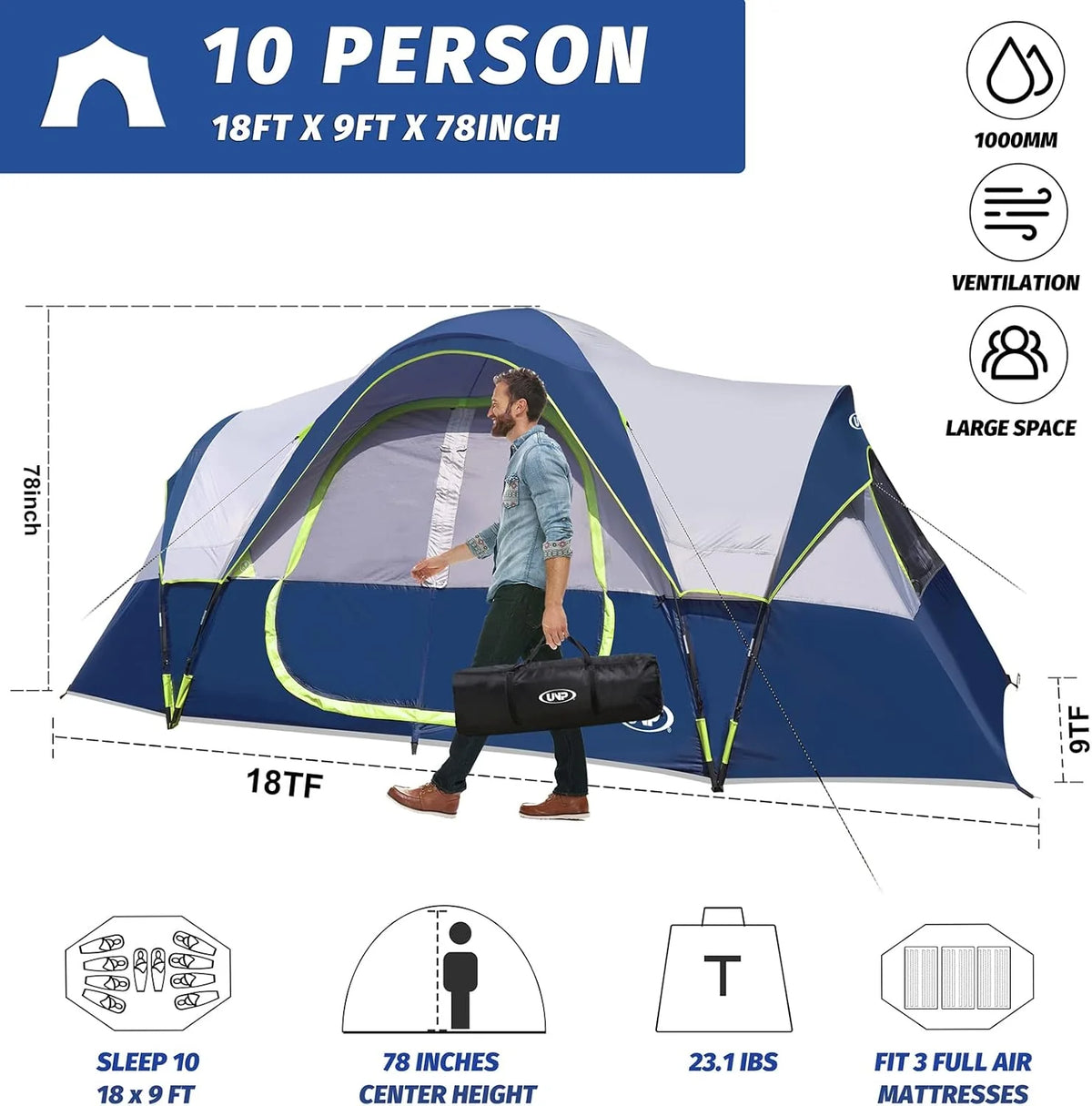 2026 Camping Tent 10-PERSON-FAMILY Tents, Parties, Music Festival Tent, Big, Easy Up, 5 Large Mesh Windows, Double Layer, 2 Room, Waterproof,…