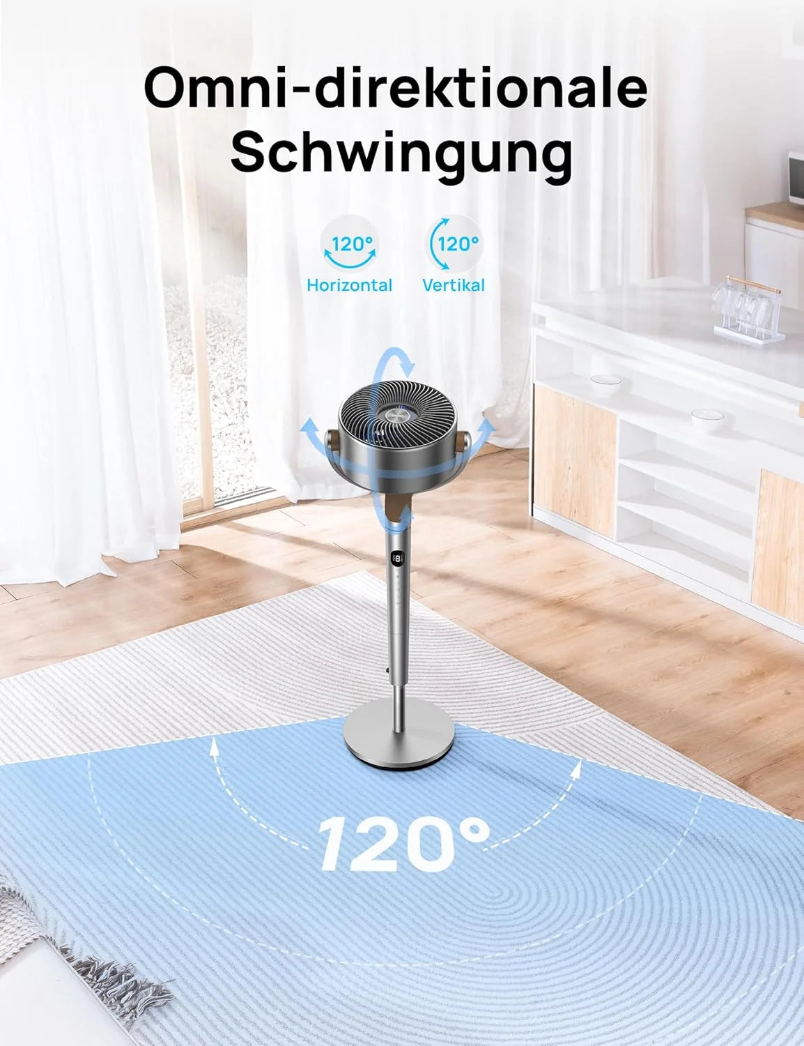 Ventilador de pedestal silencioso Dreo 2026 de 20 dB, oscilante omnidireccional de 120°+120°, alcance del viento de 26 m, caudal de aire de 1200 m³/h, circulador de aire turbo real, altura de 102 cm, 3 modos, 8 velocidades.