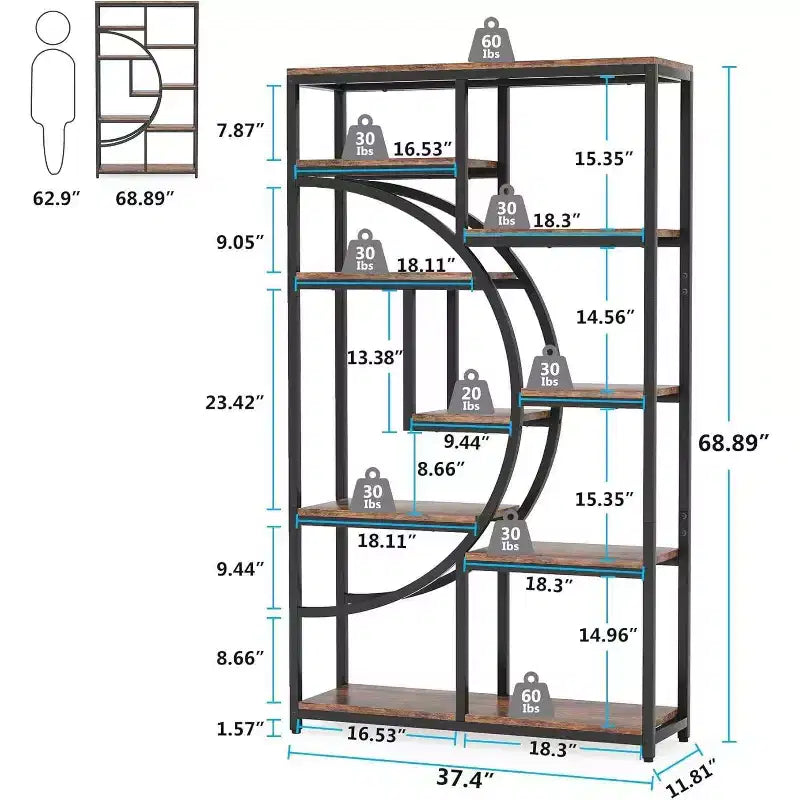 2026 Librería de 5 niveles de 175 cm – Diseño geométrico en forma de media luna, marrón y negro.