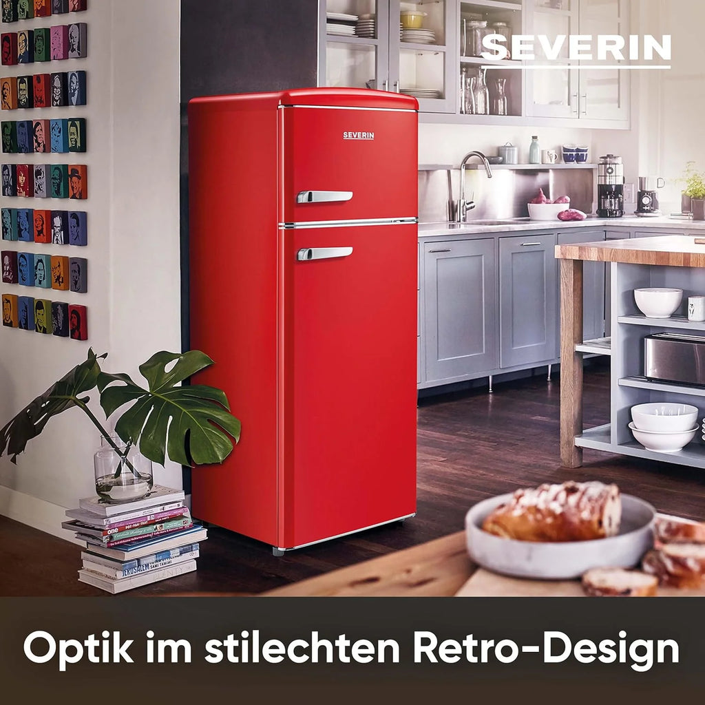 SEVERIN Retro 2026 – Combinación de frigorífico y congelador, una maravilla que ahorra espacio, 4 estantes regulables en altura y un amplio cajón para verduras, capacidad neta de 206 L, color crema, RKG 8933