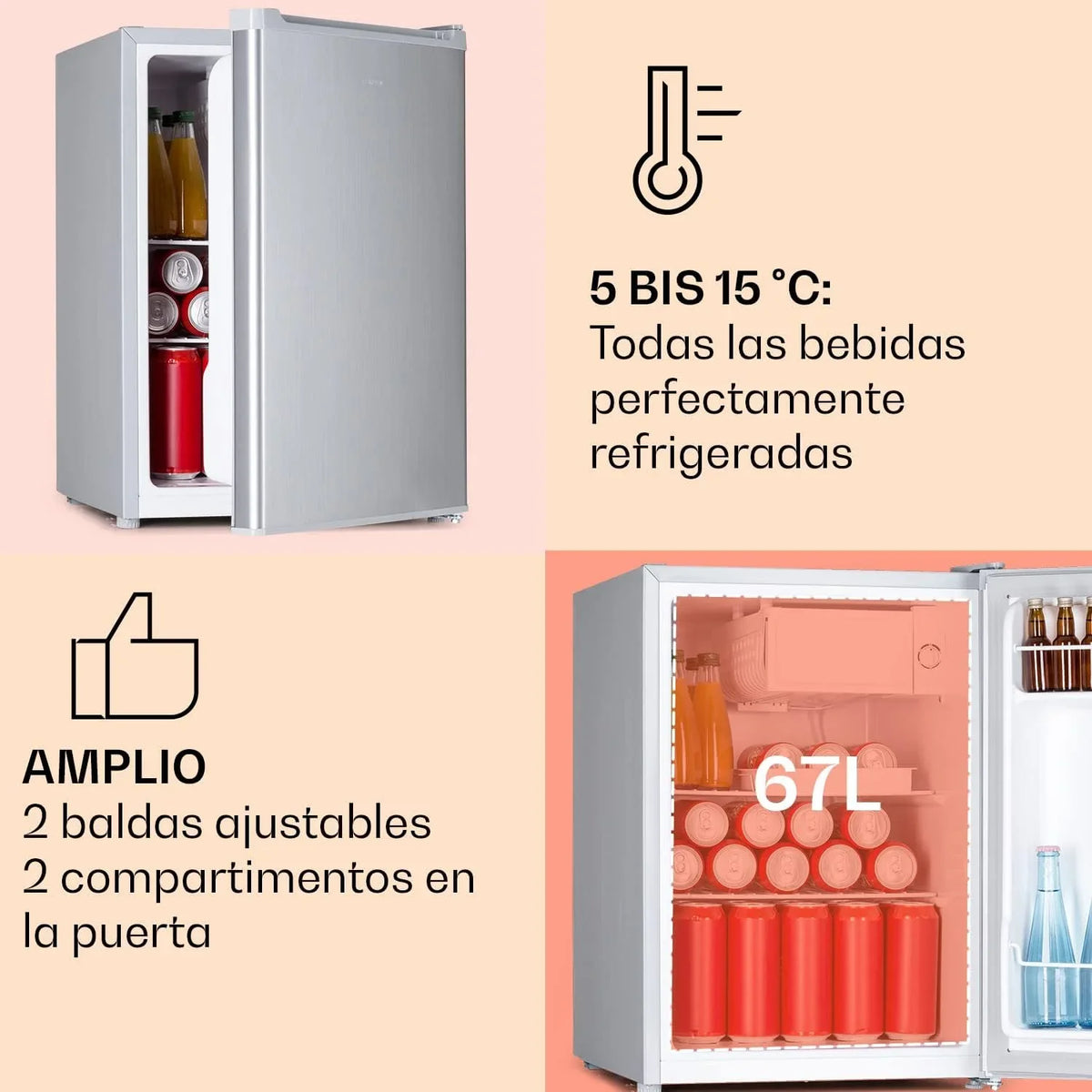 2026 Klarstein Nevera Pequeña 67L para Refrescos y Cerveza con 4L Congelador, Mini Nevera Cristal, Minibar Silencioso, Enfriador de Vino, Interior/Exterior, Frigorificos Estantes Extraíbles