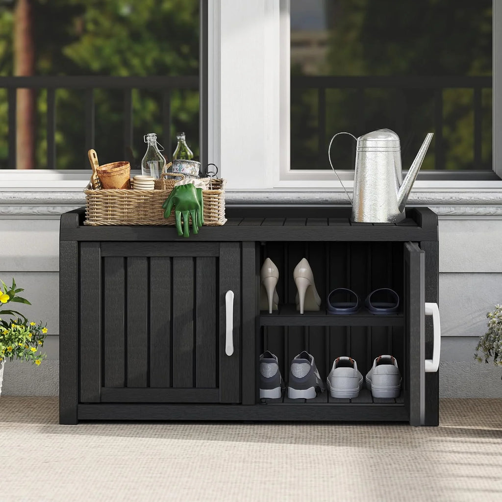2026 KAMABOKO Outdoor Shoe Storage Cabinet, Waterproof UV-Resistant Entryway Storage Bench Indoor Outdoor with 2 Barn Doors, Adjustable Shelves for Entryway, Bedroom, Hallway,Living Room(Black)