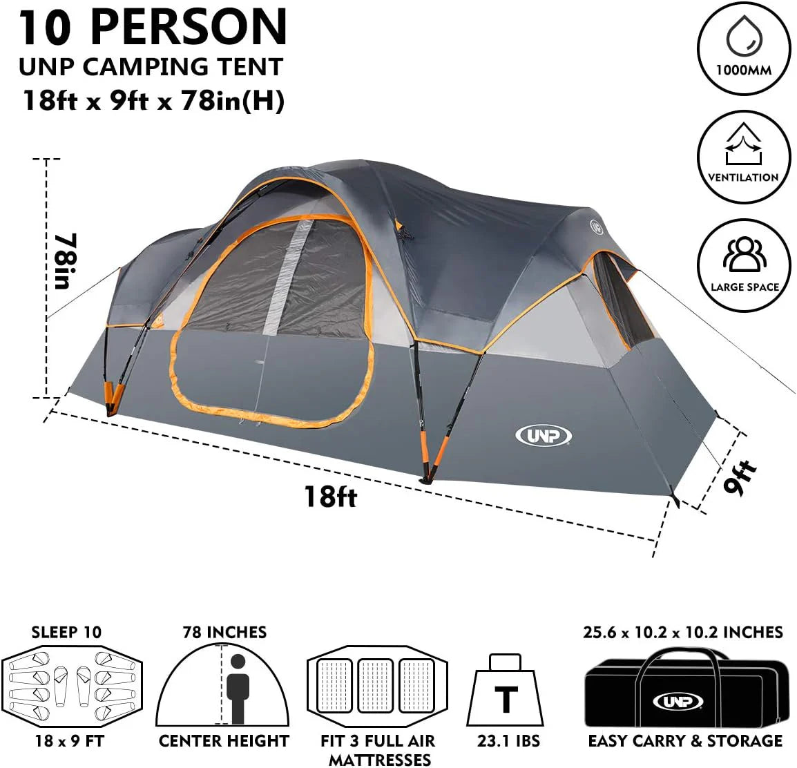 2026 Camping Tent 10-PERSON-FAMILY Tents, Parties, Music Festival Tent, Big, Easy Up, 5 Large Mesh Windows, Double Layer, 2 Room, Waterproof,…