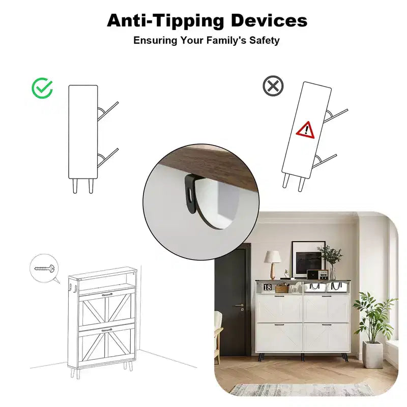 2026 Zapatero de 4 puertas abatibles con cajones y estantes ajustables – Capacidad para 32 pares