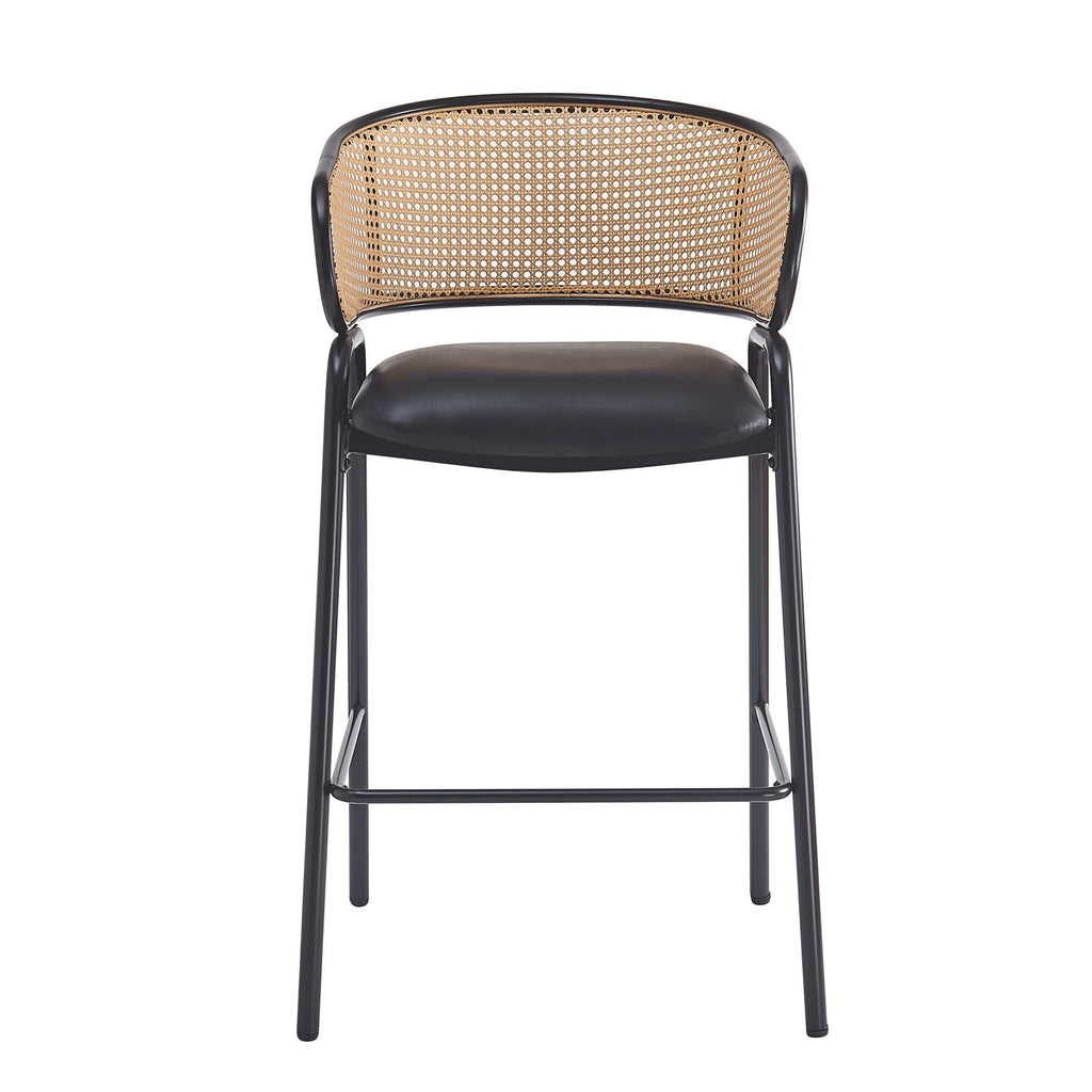 2026 Christopher Knight Home 29.5" PU Upholstered Bar Stool with Woven Rattan Backrest & Iron Frame, Black, Set of 2