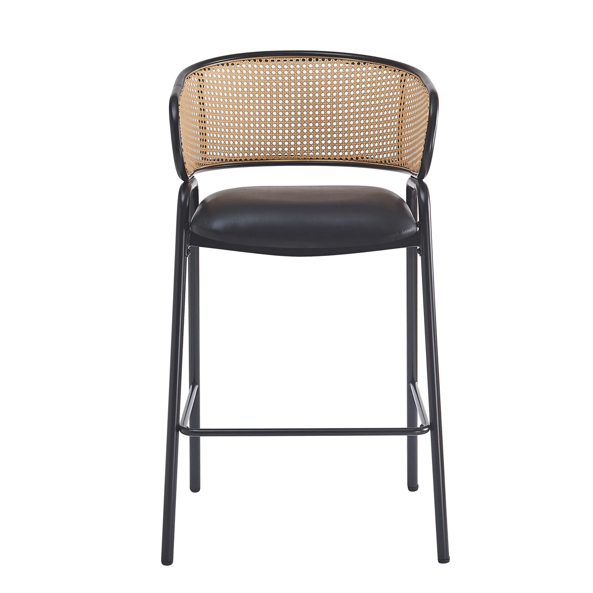 2026 Christopher Knight Home 29.5" PU Upholstered Bar Stool with Woven Rattan Backrest & Iron Frame, Black, Set of 2