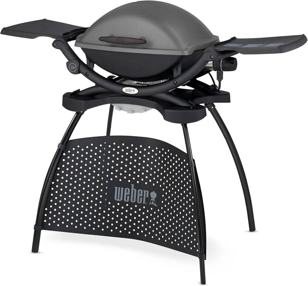 Parrilla eléctrica Weber Q2400 de 2026 con soporte y mesas laterales, superficie de cocción de 54 x 39 cm, portátil, rejilla de cocción de hierro fundido esmaltado en porcelana de 2 piezas, tapa y carcasa de aluminio fundido – Gris oscuro (55020879)