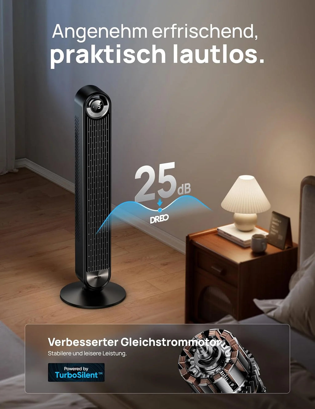 Ventilador de torre inteligente silencioso DREO 2026 de 25 dB, 106 cm de altura, 4 modos, 9 velocidades, máx. 7,9 m/s, temporizador de 12 h, oscilación de 90° con mando a distancia, control por voz, refrigeración, Cruiser Pro T2S, negro.
