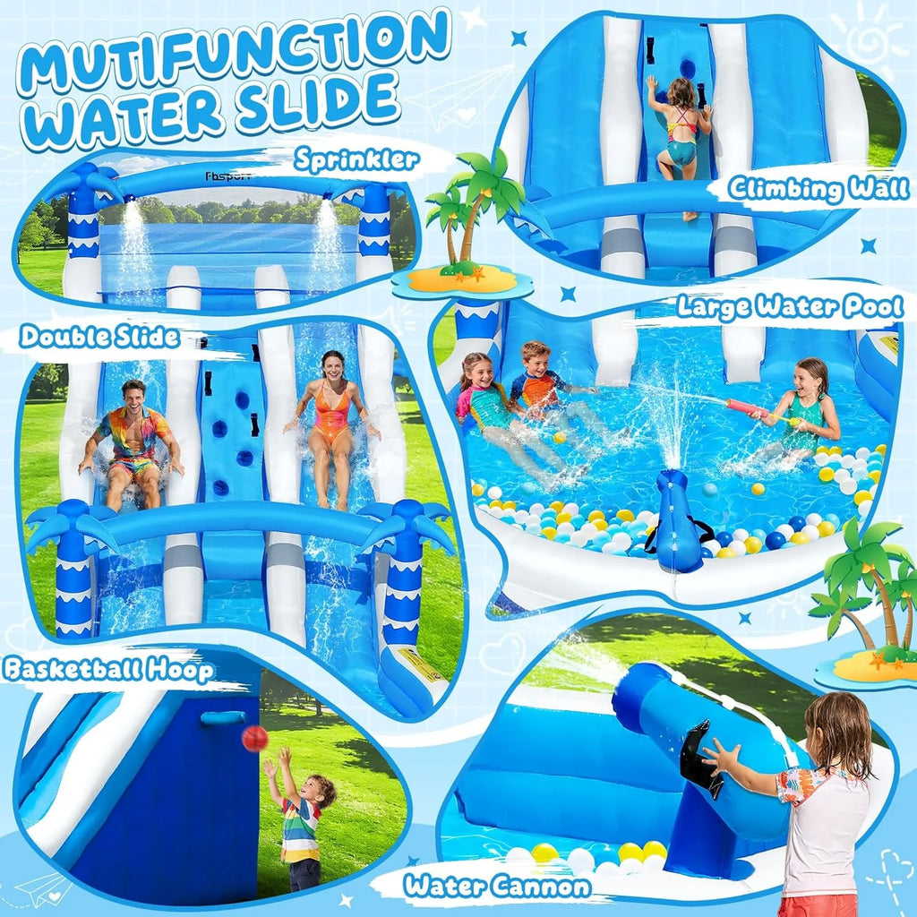 Castillo hinchable XXL 2026 con 2 toboganes acuáticos para uso comercial, adultos y niños, hinchable para interiores y exteriores con soplador, tamaño piscina, tobogán, cesta, sistema de aspersores y rocódromo, 630x290x285 cm