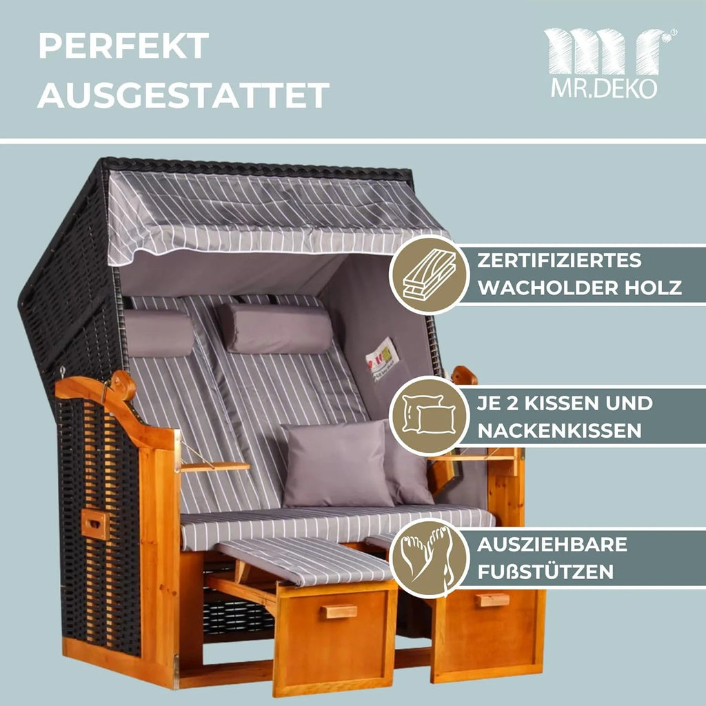 Silla de playa Baltic Sea 2026 Juniper PE negra (diseño gris real) | Silla de playa de 2 plazas resistente a la intemperie | Silla reclinable de dos plazas de madera maciza | Sillas de playa para balcón | Silla de playa para jardín