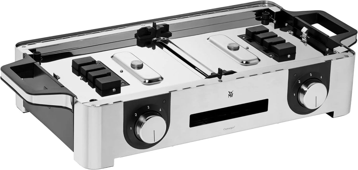 Parrilla eléctrica WMF Lono Master Grill 2026, 50x28 cm, parrilla de mesa eléctrica con paravientos y bandeja recogegrasa, certificada para uso exterior, 2 superficies de cocción ajustables independientemente, 2400 W, acero inoxidable mate.