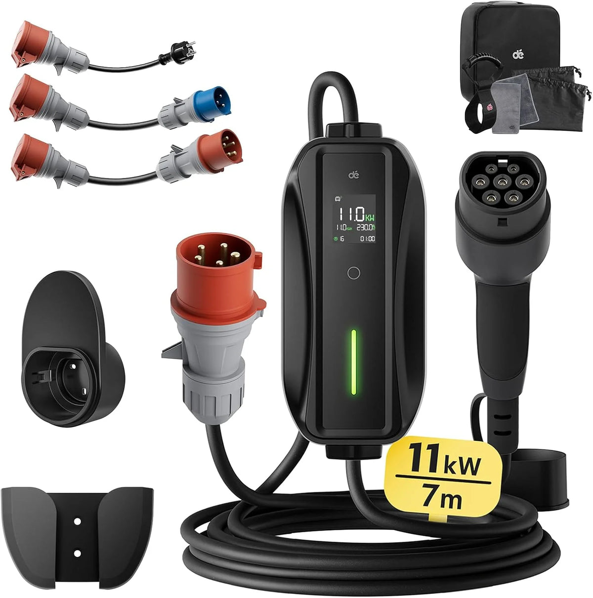 Estación de carga/wallbox móvil 2026 dé de 11kW [trifásica|7m|6 – 16A] con kit de adaptadores Traveller, cable de carga CEE 16A a tipo 2 y cargador para vehículos eléctricos Model Y/3, ID.3/4/5, MG4, EX30, e – up, e – tron, Zoe y otros vehículos