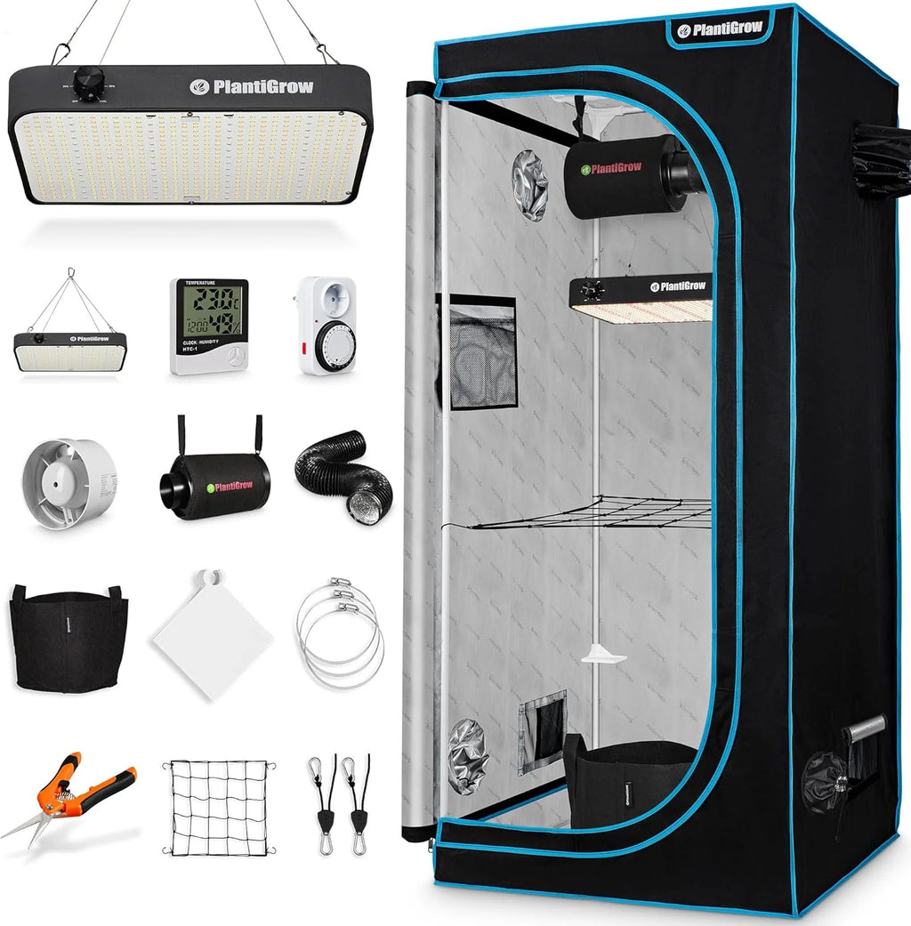 Conjunto completo de tienda de cultivo 2026: invernadero de interior con lámpara LED de espectro completo de 150 W (regulable), 1680D, filtro de carbón, ventilador de conducto en línea, manguera de extracción (80x80x180 cm)