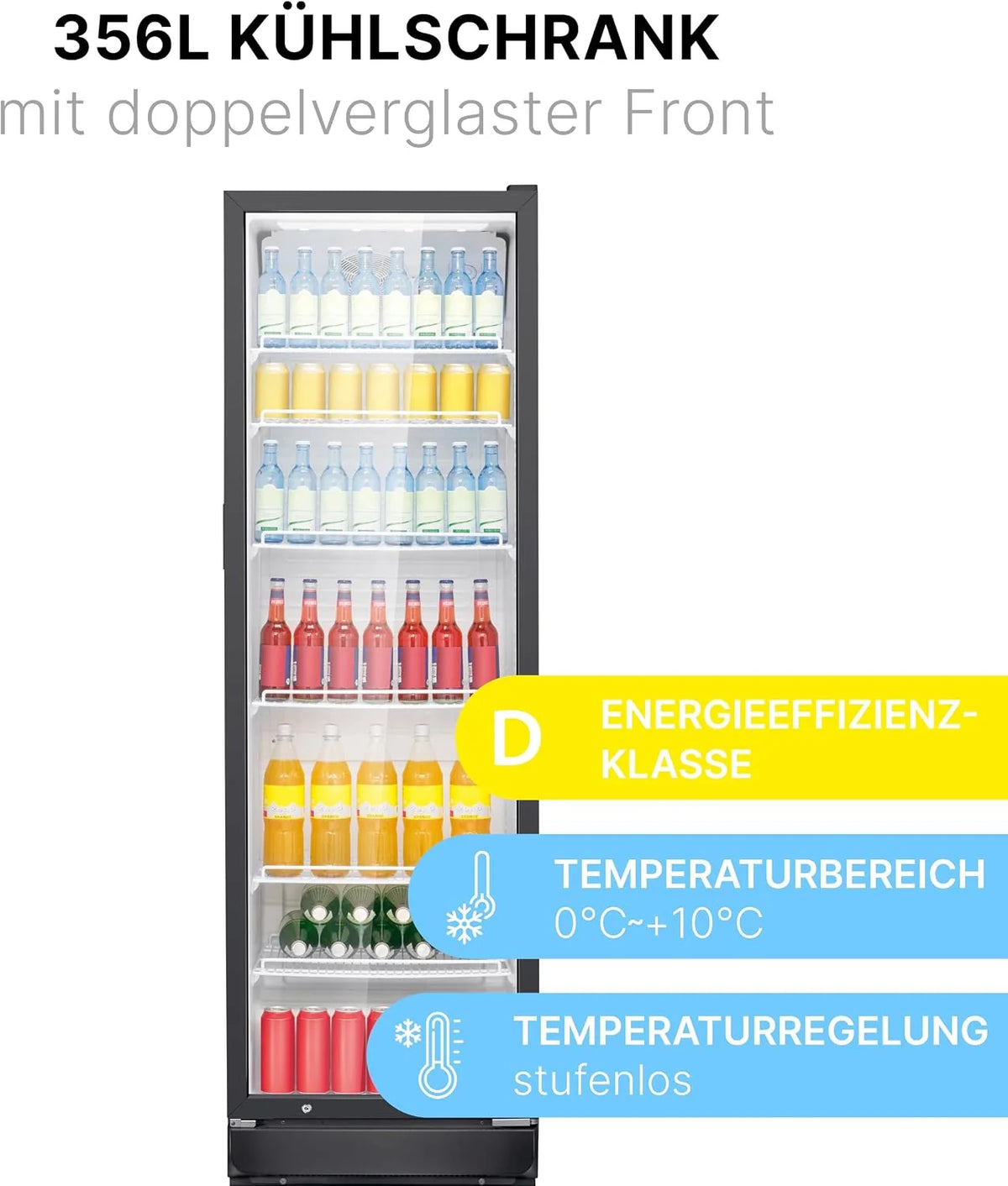 Refrigerador Bomann® 2026 con puerta de vidrio | Enfriador de bebidas con cerradura | 6 estantes ajustables en altura | Capacidad de 30 kg por estante | 347 litros | Refrigerador grande | Enfriador de botellas con luz LED | KSG 7351 Negro