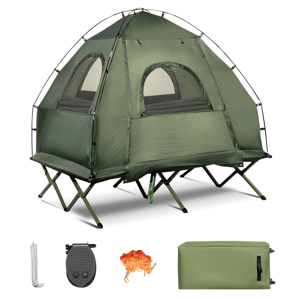 2026 Patiojoy Folding 2-Person Camping Tent Cot Portable Pop-Up Tent with Sleeping Bag&Air Mattress for Outdoor Activity