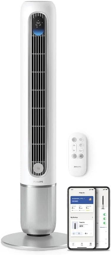Ventilador de torre inteligente Philips Serie 7000 (2026): potente (8,4 m/s), ultra silencioso (22 dB), de bajo consumo, control por aplicación y mando a distancia, Wi – Fi, 12 velocidades, modo de suspensión, indicador de temperatura, temporizador