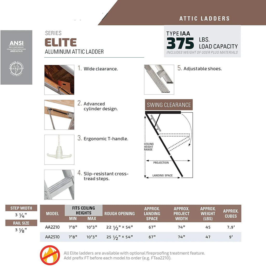 2026 25-1/2 by 54-Inch Elite, 7'8′′-10-Foot Ceiling Height, 375-Pound Capacity, Type IAA, AA2510, Aluminum Ladder, attic, x Rough Opening, Silver