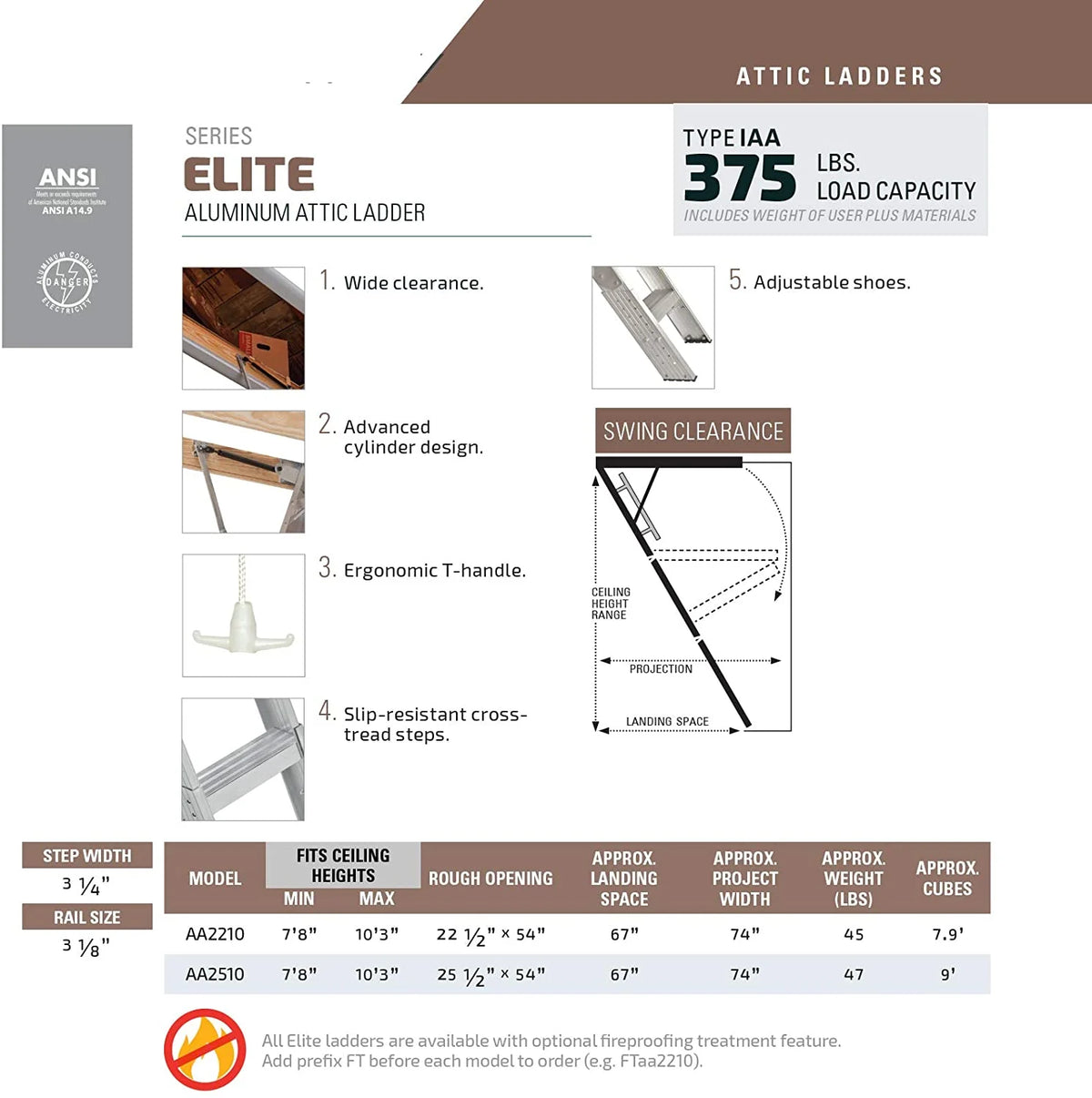 2026 25-1/2 by 54-Inch Elite, 7'8′′-10-Foot Ceiling Height, 375-Pound Capacity, Type IAA, AA2510, Aluminum Ladder, attic, x Rough Opening, Silver