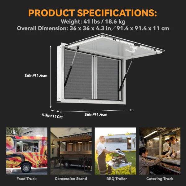 2026 Concession Window 36W X 36H Aluminum Alloy Food Truck Service Window with Sliding Screens & Awning Door, Hydraulic Lift, Locking Mechanism,…