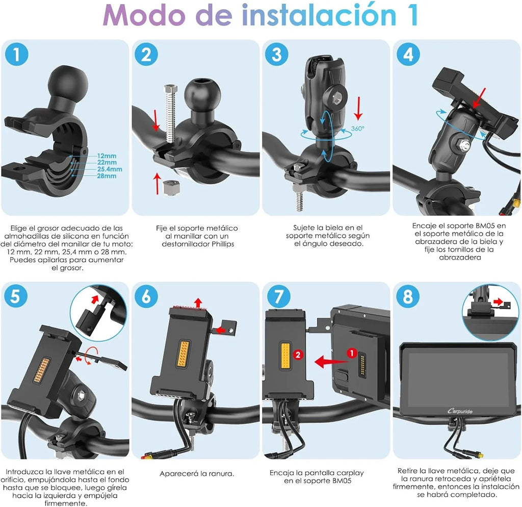 2026 CARPURIDE W702S Pro Motocicleta CarPlay Pantalla con BM05 Soporte para Conectar y Usar, Inalámbrico CarPlay y Android Auto, 7" Impermeable Táctilpantalla, Dual Bluetooth, Control con Cable, Brújula.