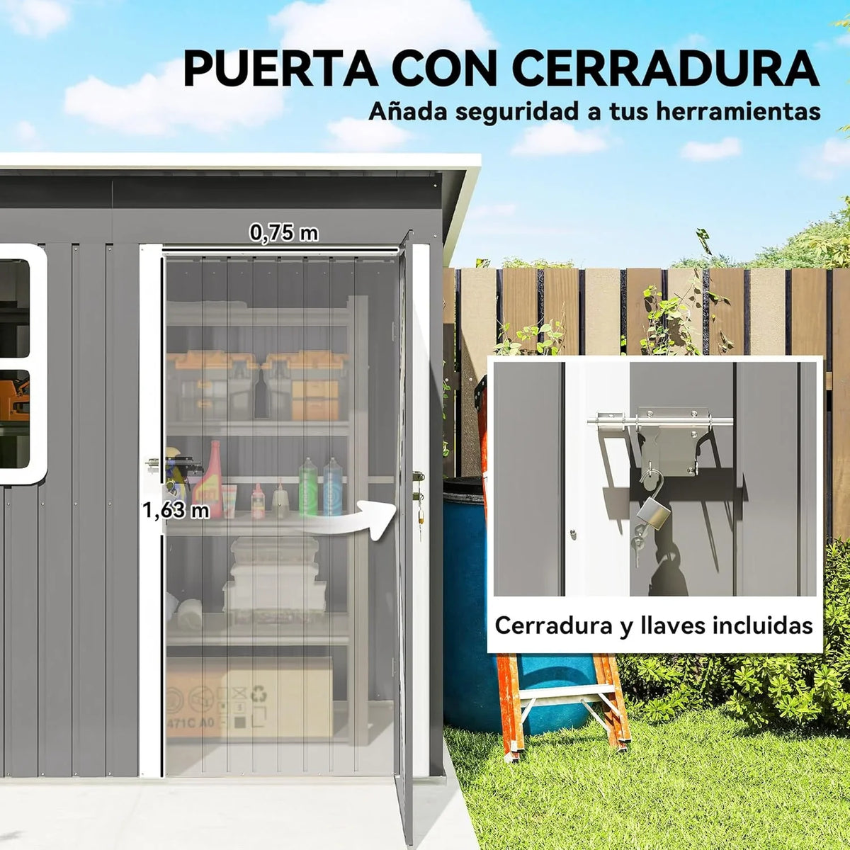 2026 Outsunny Caseta de Jardín Exterior, 2,55 m² 221x133x190 cm, Cobertizo de Jardín Exterior Metálico con Ventana, Puerta con Cerradura y Ventilaciones, para Almacenamiento de Herramientas, Gris Oscuro