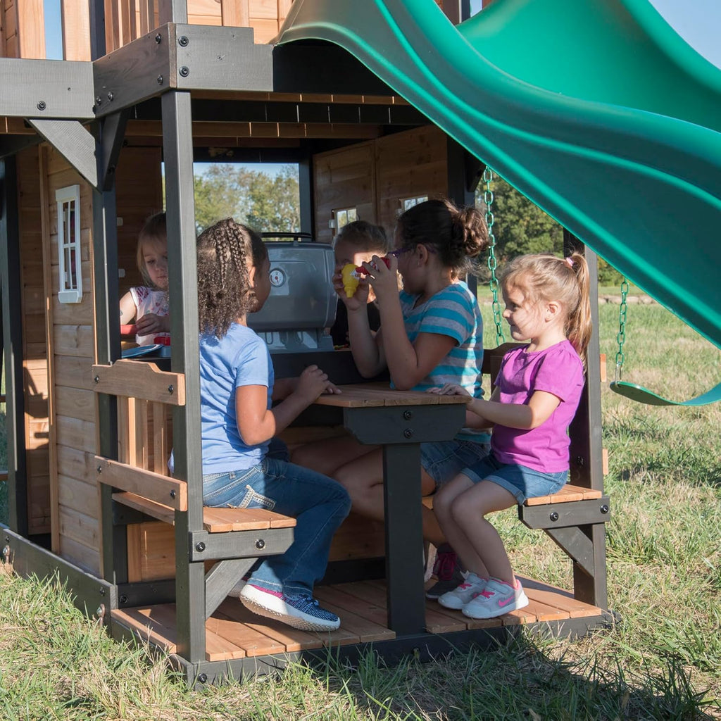 2026 Canyon Creek Cedar Wood Swing Set with Wave Slide, Clubhouse, Play Kitchen, Picnic Area, Belt Swings, Web Swing, Rock Wall, Balconies, Playhouse, Step Ladder, Outdoor Playset