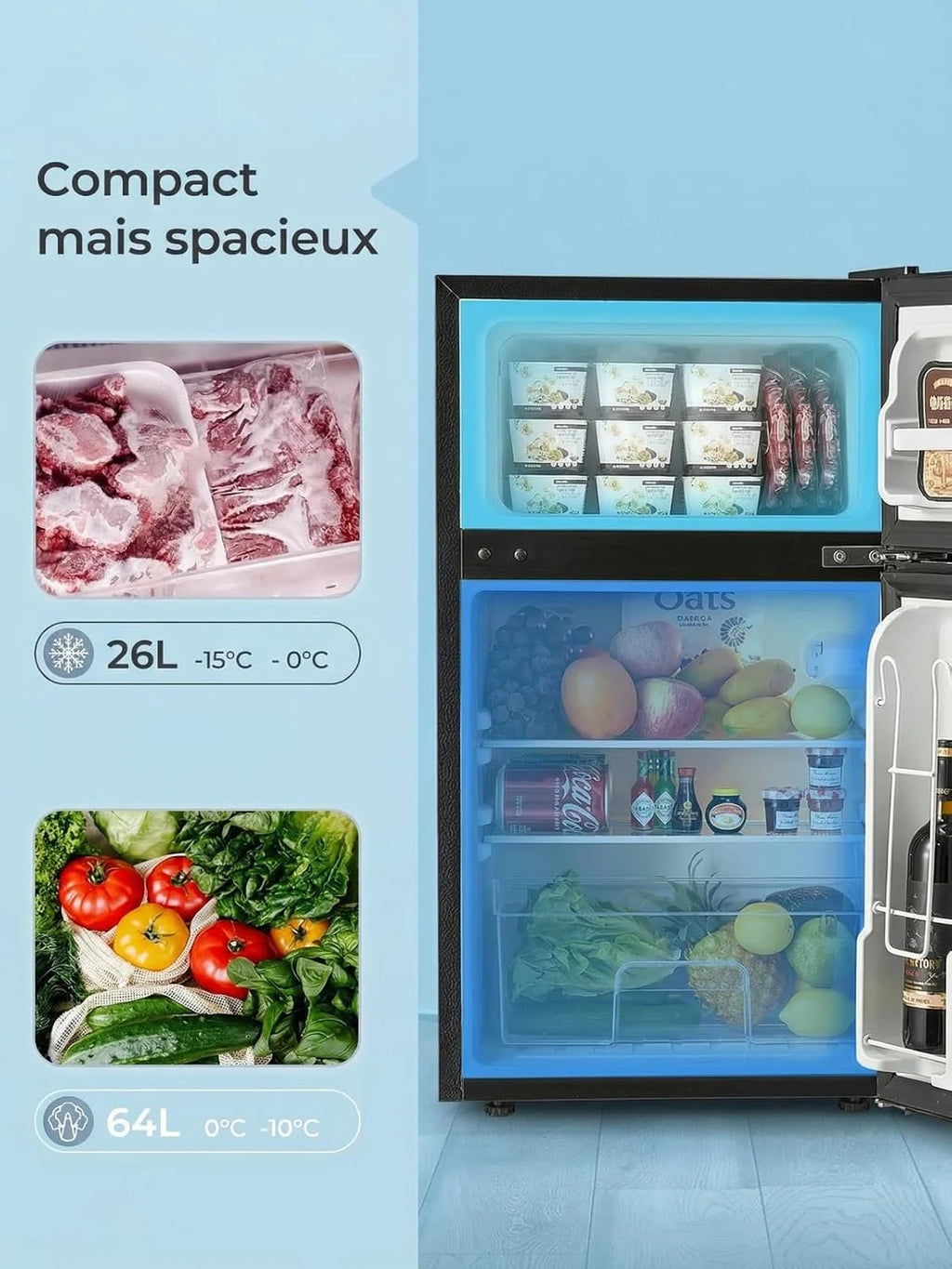 Mini refrigerador FOHERE 2026 con compartimento congelador, pequeño, 90 L, compartimento congelador de 26 L | Refrigerador de 64 L para dormitorios, termostato de 7 etapas, eficiencia energética, 43 dB con 2 puertas intercambiables, para residencias