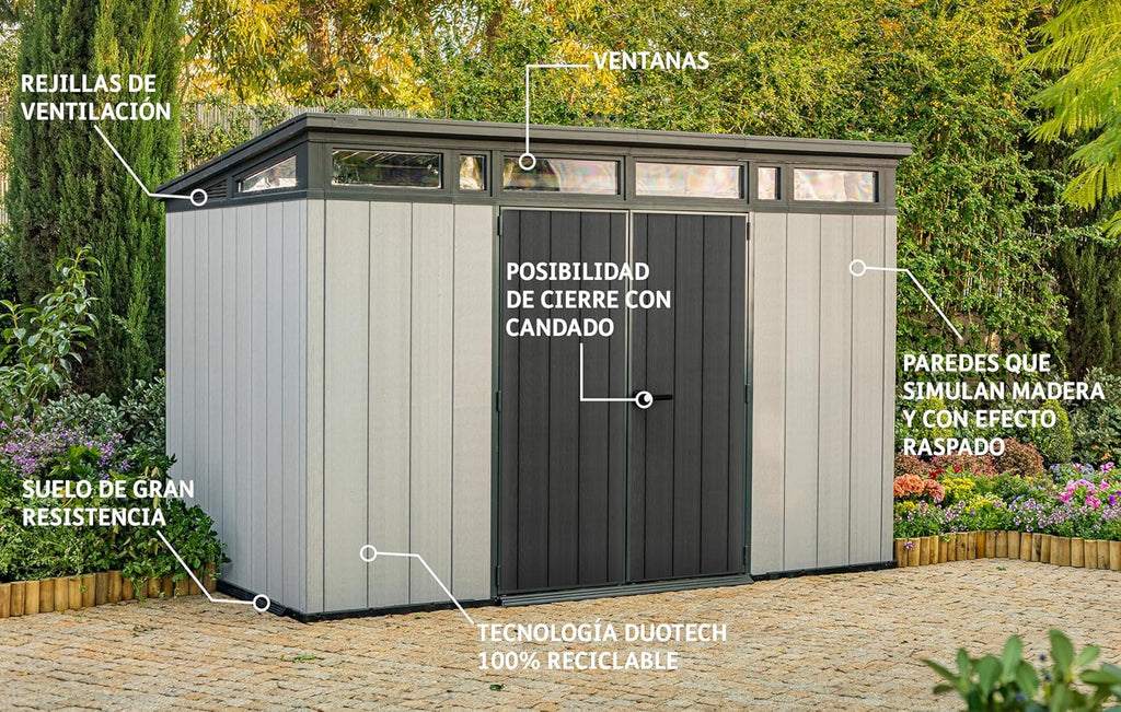 2026 Keter Artisan Cobertizo de jardín de 11 x 7 cm, resistente a la intemperie, con suelo, techo inclinado, puertas dobles y ventanas, ideal para almacenamiento al aire libre, 342 x 218 x 226 cm, 13,7 m³,