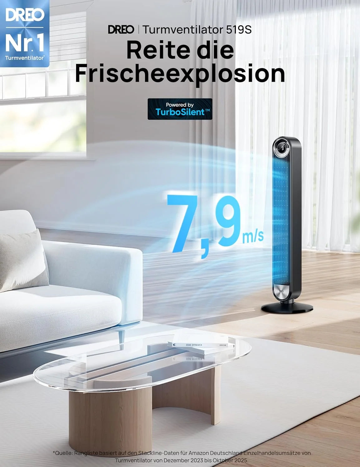 Ventilador de torre inteligente silencioso DREO 2026 de 25 dB, 106 cm de altura, 4 modos, 9 velocidades, máx. 7,9 m/s, temporizador de 12 h, oscilación de 90° con mando a distancia, control por voz, refrigeración, Cruiser Pro T2S, negro.