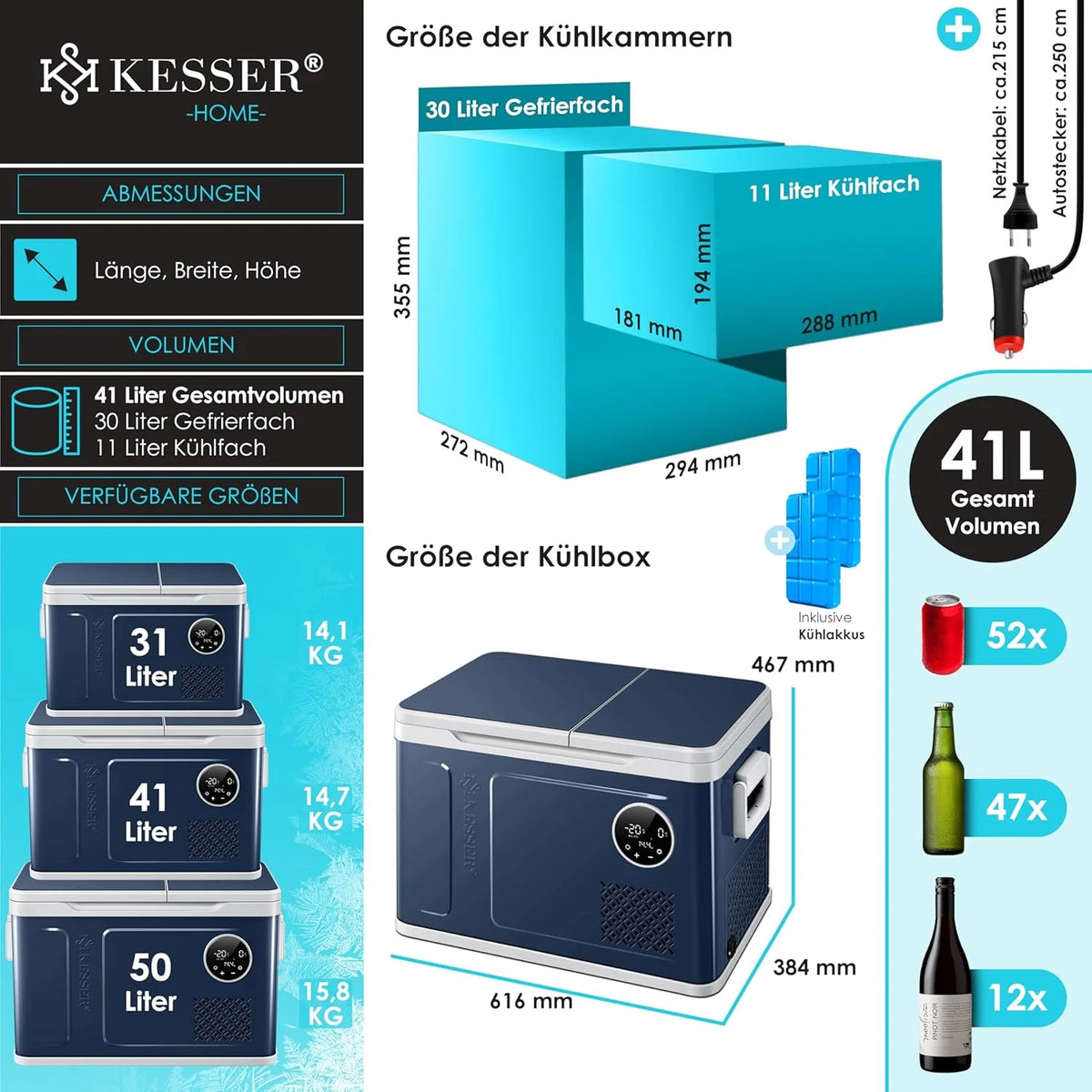 Nevera portátil KESSER 2026 con compresor, 2 en 1, doble zona de refrigeración y congelación, con congelador eléctrico, 2 acumuladores de frío y control táctil LED | Refrigerador con capacidad de enfriamiento hasta – 20 °C para camping, coche y