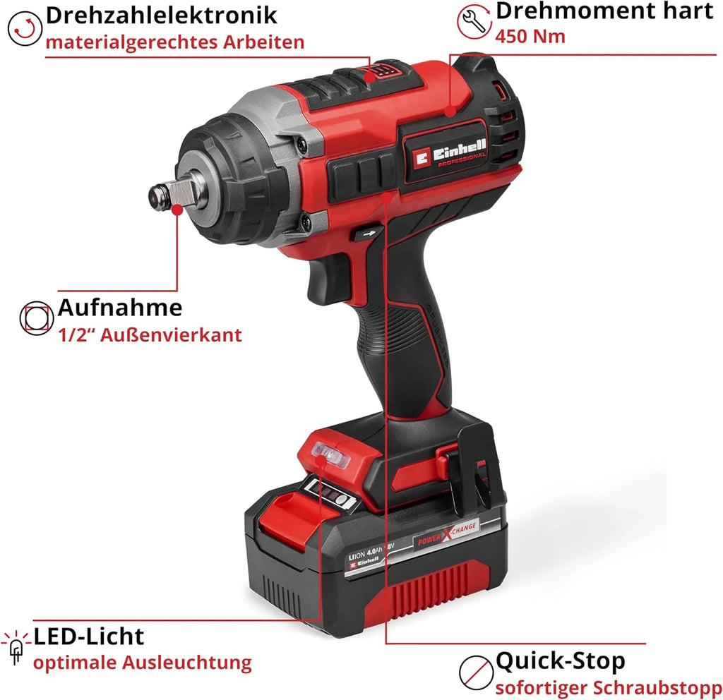 2026 Llave de impacto inalámbrica profesional Einhell IMPAXXO 18/450 (1x4.0Ah) Power X – Change (18 V, 450 Nm, sin escobillas, accionamiento cuadrado externo, incluye batería de 4 Ah, cargador y juego de vasos)