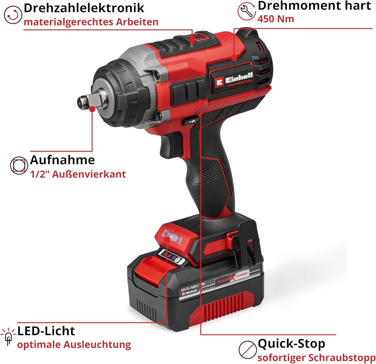 2026 Llave de impacto inalámbrica profesional Einhell IMPAXXO 18/450 (1x4.0Ah) Power X – Change (18 V, 450 Nm, sin escobillas, accionamiento cuadrado externo, incluye batería de 4 Ah, cargador y juego de vasos)